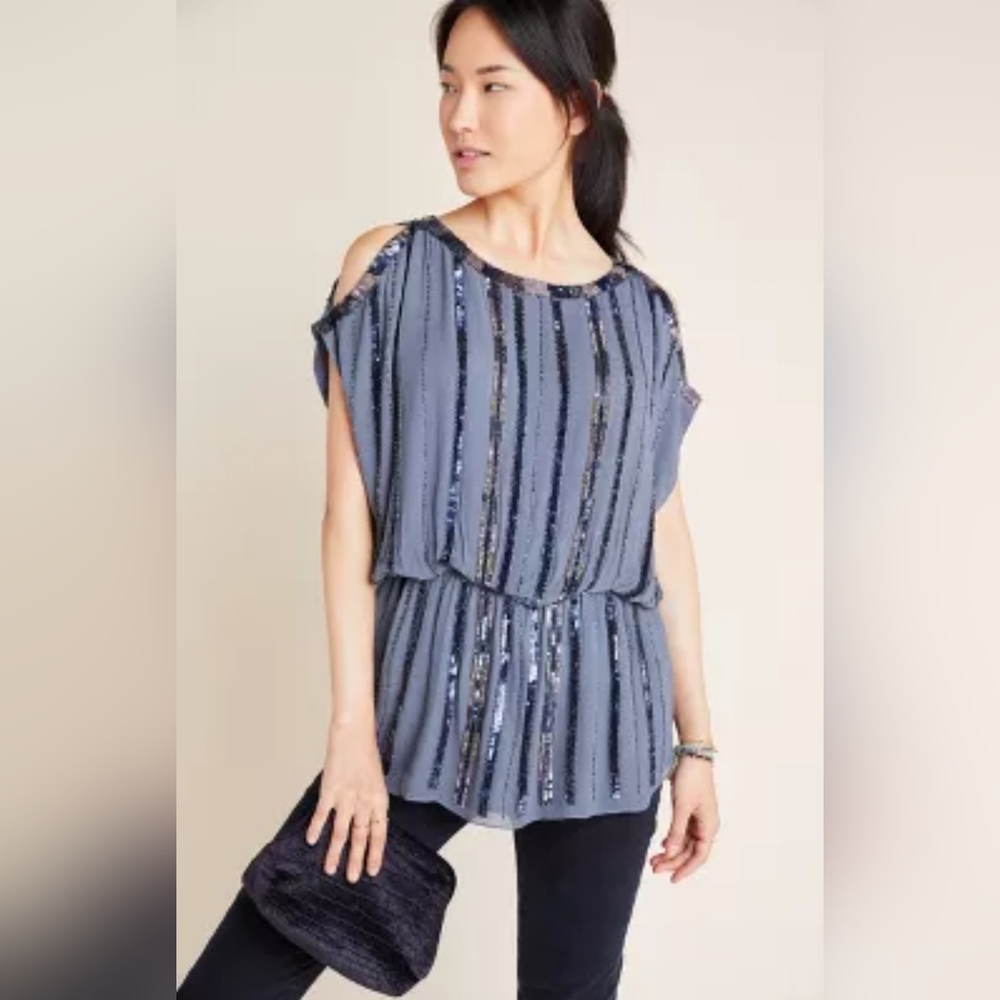 Anthropologie Evanne Sequined Open-Shoulder Blouse Tunic